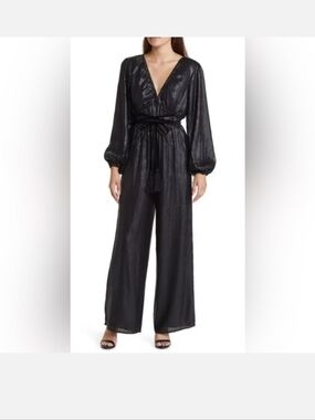 Black V-Neck Long-Sleeve Jumpsuit with Tie Waist